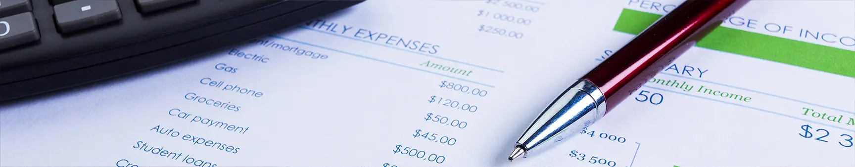 Detailed monthly expense worksheet with a calculator and pen, representing Mezzo Financial’s bookkeeping and financial analysis support for businesses in Marengo, across Morrow County, throughout Central Ohio, and nationwide.